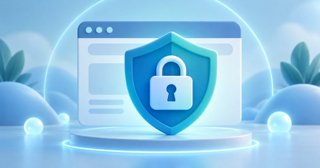 3D ilustrace štítu se zámkem před oknem prohlížeče jako symbol platného SSL certifikátu
